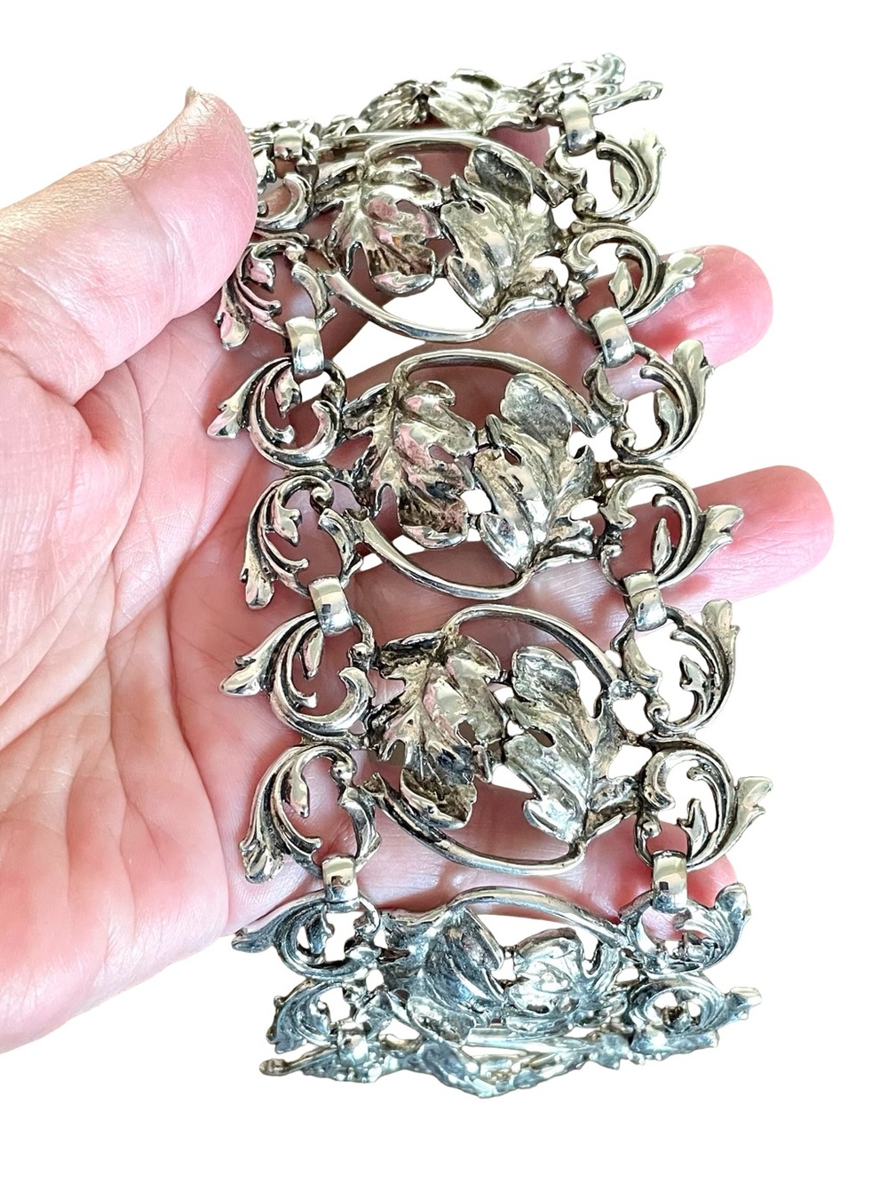 Mid-Century Art Nouveau Revival Silver Tone Wide Panel Bracelet